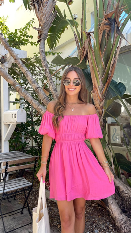 Vestido de fiesta rosa fucsia de corte A con mangas abullonadas, estilo veraniego Y2758