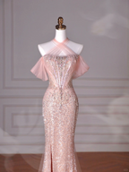 Classy Pink Halter Sequin Beaded Tulle Mermaid Evening Dress Long Prom Dress Y8620