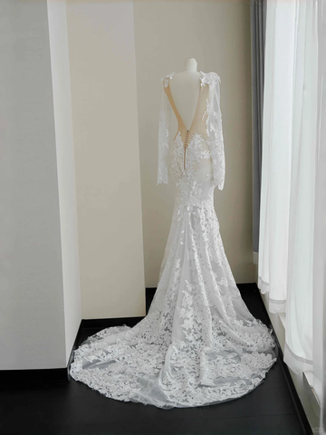 Elegant White Lace Appliques Mermaid Evening Dress,Backless Prom Dress Wedding Dress Y8677