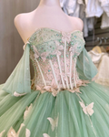 Impresionante vestido de princesa de tul verde con mariposas, vestido de baile, vestido para quinceañera Y5462