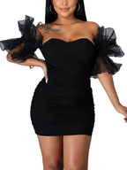 Vestido corto de fiesta negro con mangas abullonadas y volantes para mujer, estilo sexy, con hombros descubiertos y diseño de malla, modelo Y786