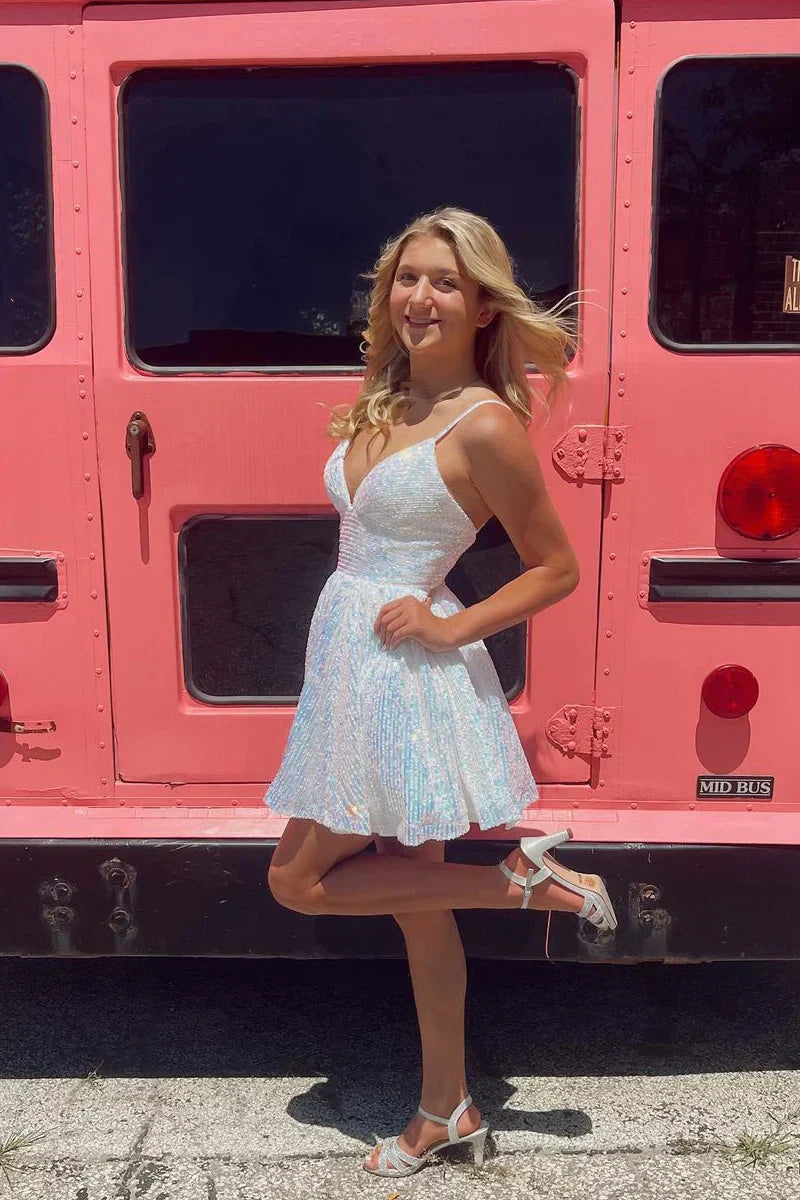Vestido de fiesta de bienvenida con lentejuelas, escote en V y corte en A