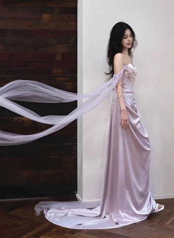 Light Purple Satin Long Evening Dress Sweetheart Prom Dress Y8312