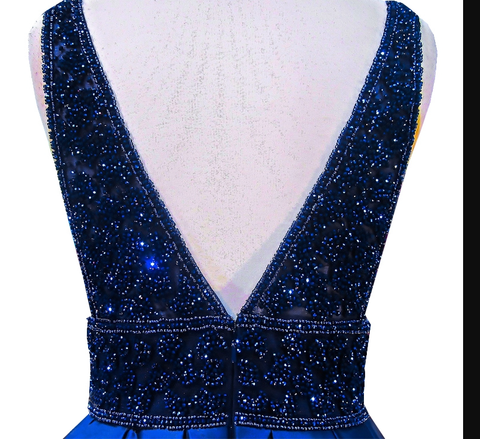 Robe de soirée longue pour femme, bleu marine, col en V, sans manches, dos nu, ornée de perles, référence Y1193