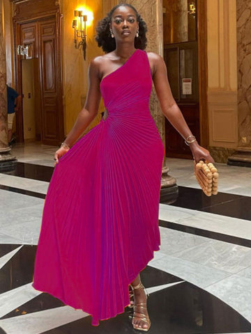 Robe trapèze plissée sans manches à taille roulée, sans manches, à une épaule, sexy, style bal de promo et soirée.