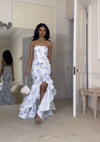 Robe de soirée sirène bustier, imprimé floral satiné, à volants, Y7998