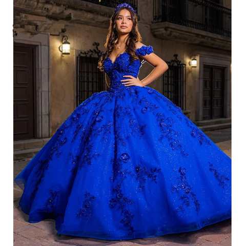 Vestido de quinceañera azul real para dulces 15 años, vestido de baile con hombros descubiertos y falda abullonada Y2726