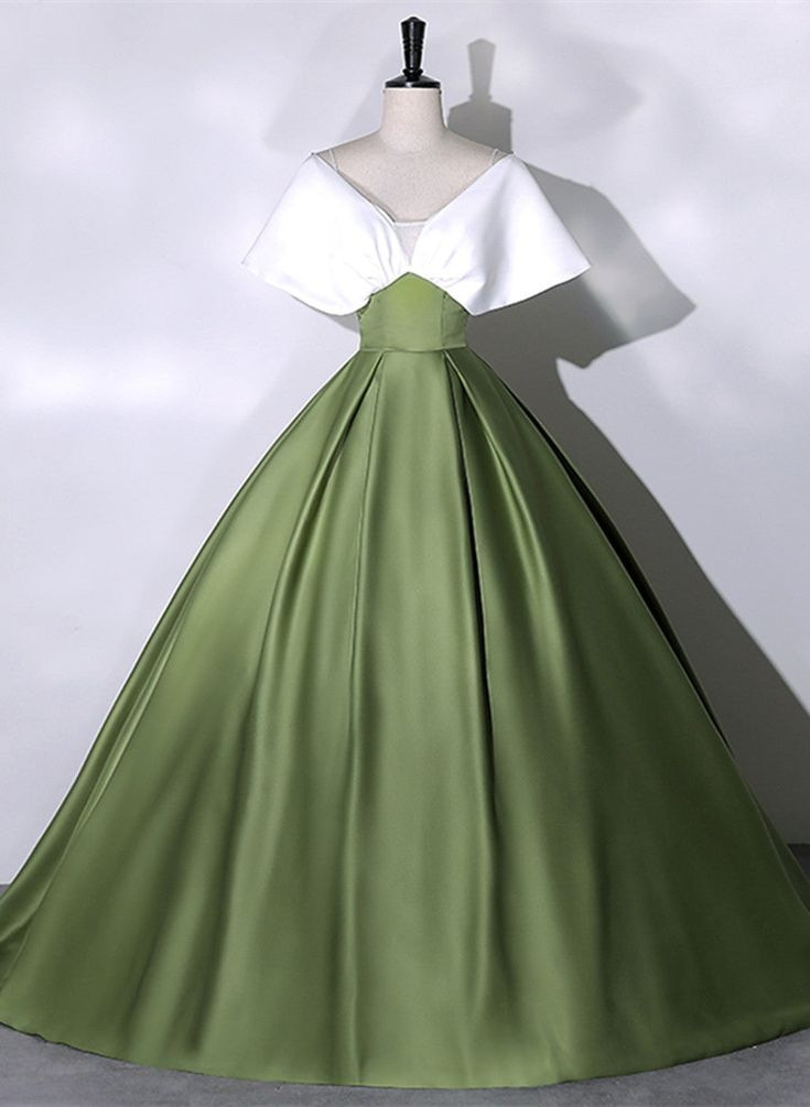 Vestido largo de gala de satén verde y blanco, vestido largo formal Y7001