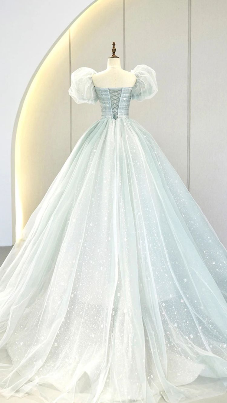 Vestido largo azul de fiesta con mangas abullonadas y corte en A, vestido de noche formal de tul Y2932