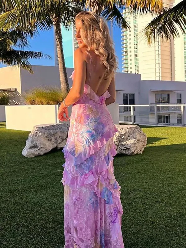 Romantic Spaghetti Straps V Neck Chiffon Print Prom Dress,Charming Evening Dress Y2306