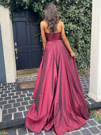 Vestidos largos de fiesta burdeos con escote en V y corte en A, vestidos largos de noche formales burdeos Y233