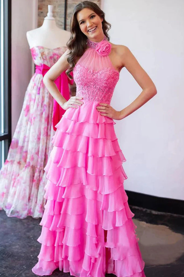 Vestidos largos de fiesta rosas con encaje y cuentas, escote halter y corte en A