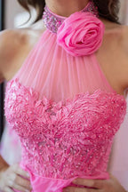 Vestidos largos de fiesta rosas con encaje y cuentas, escote halter y corte en A