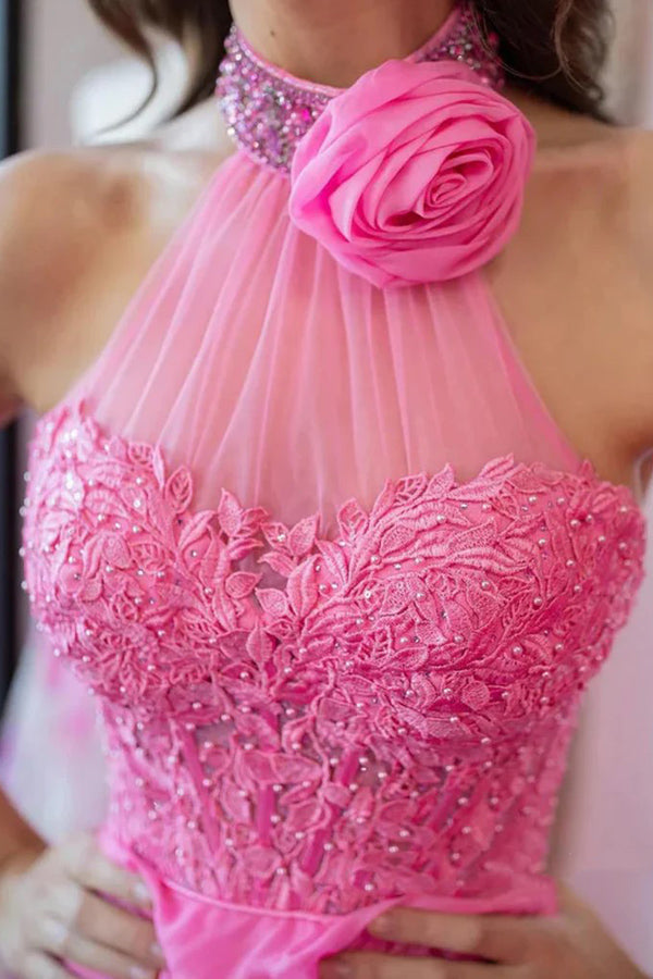 Vestidos largos de fiesta rosas con encaje y cuentas, escote halter y corte en A