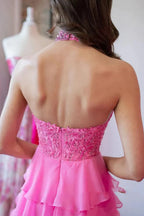 Vestidos largos de fiesta rosas con encaje y cuentas, escote halter y corte en A