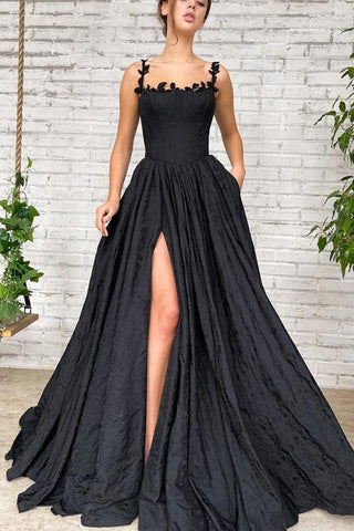 Vestido largo de fiesta negro de tafetán con abertura y bolsillos, corte en A