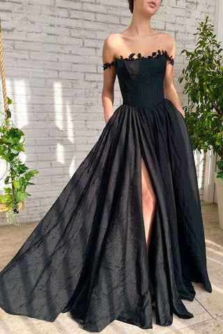 Vestido largo de fiesta negro de tafetán con abertura y bolsillos, corte en A
