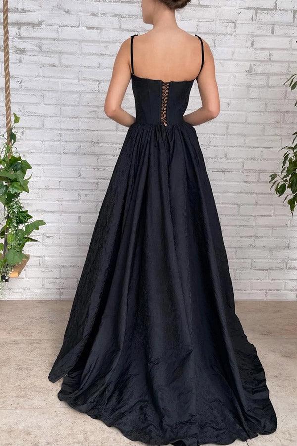 Vestido largo de fiesta negro de tafetán con abertura y bolsillos, corte en A