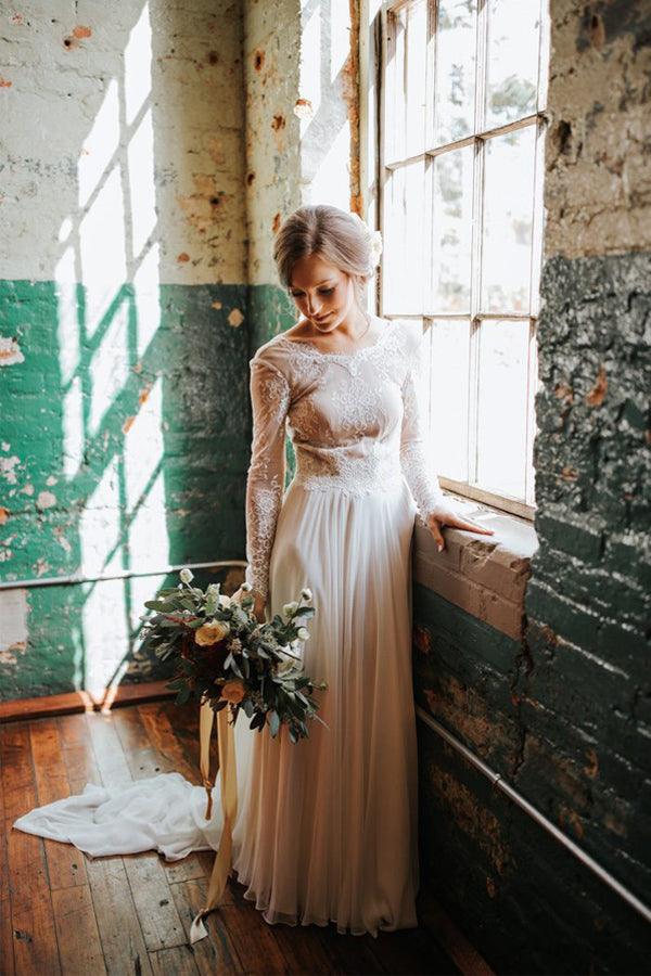 Vestidos de novia rústicos de corte bohemio, manga larga, espalda descubierta y encaje, estilo boho, WD580