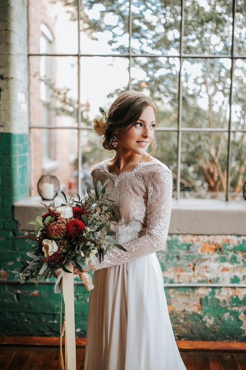 Robe de mariée rustique en dentelle, coupe trapèze, manches longues, dos nu, style bohème WD580