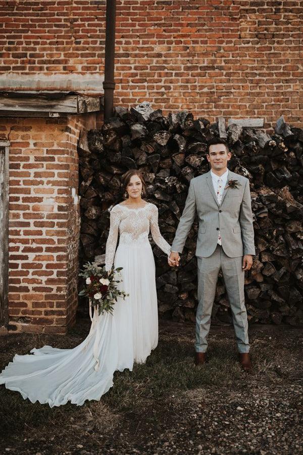 Vestidos de novia rústicos de corte bohemio, manga larga, espalda descubierta y encaje, estilo boho, WD580