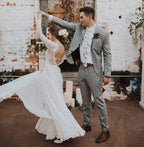 Vestidos de novia rústicos de corte bohemio, manga larga, espalda descubierta y encaje, estilo boho, WD580