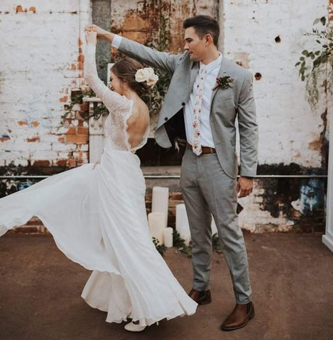 Vestidos de novia rústicos de corte bohemio, manga larga, espalda descubierta y encaje, estilo boho, WD580