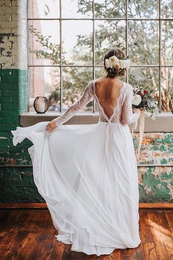 Vestidos de novia rústicos de corte bohemio, manga larga, espalda descubierta y encaje, estilo boho, WD580