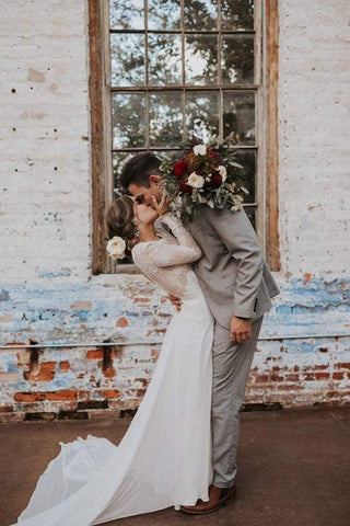 Vestidos de novia rústicos de corte bohemio, manga larga, espalda descubierta y encaje, estilo boho, WD580