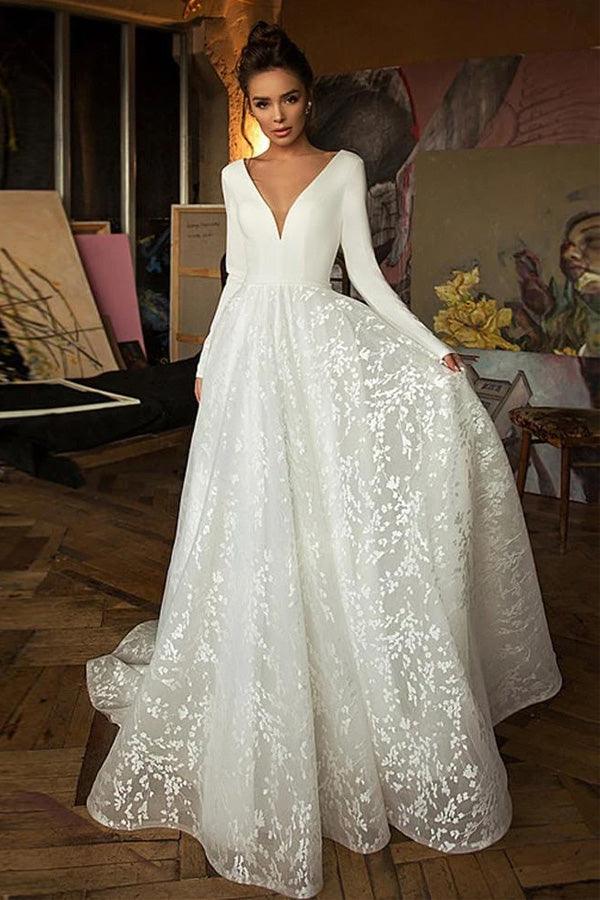 Vestido de novia de playa elegante, corte en A, manga larga y escote en V WD551