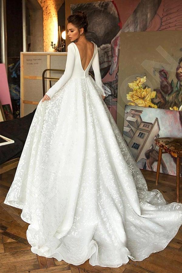 Vestido de novia de playa elegante, corte en A, manga larga y escote en V WD551