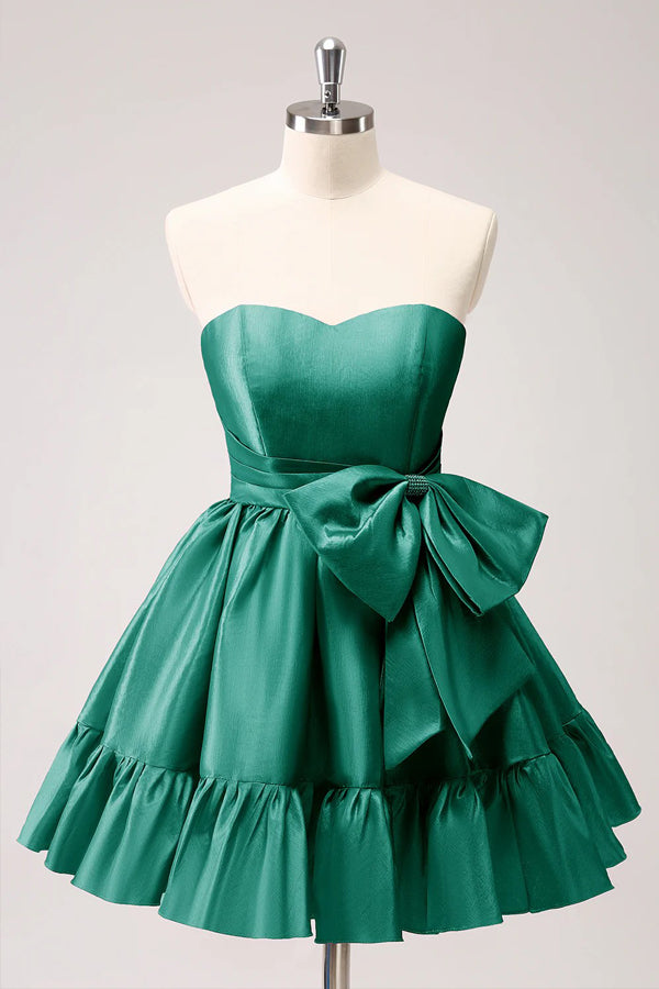 Vestido de fiesta corto fucsia sin tirantes con volantes y lazo PD558