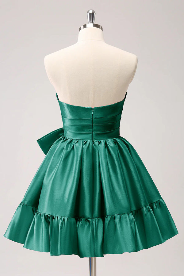 Vestido de fiesta corto fucsia sin tirantes con volantes y lazo PD558