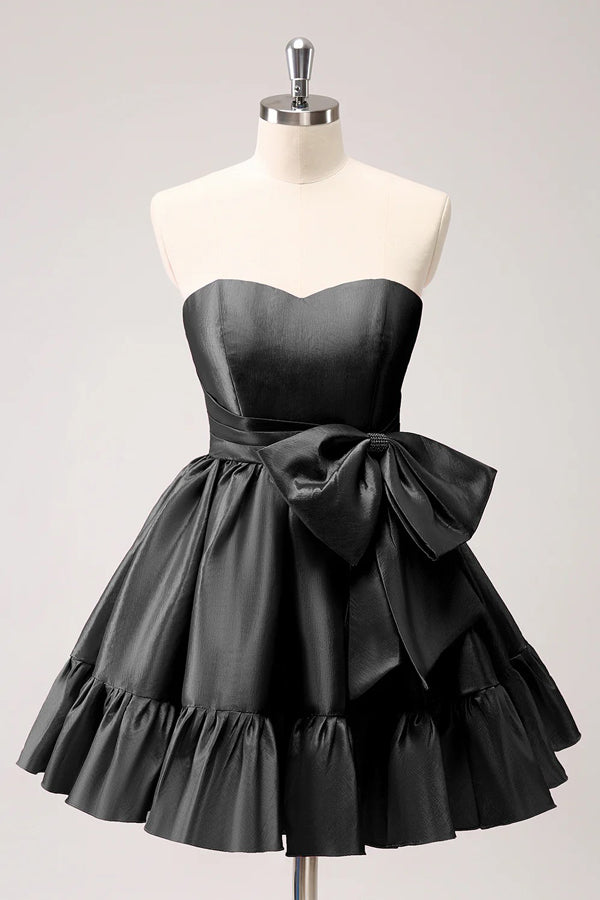 Vestido de fiesta corto fucsia sin tirantes con volantes y lazo PD558