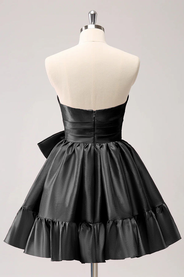 Vestido de fiesta corto fucsia sin tirantes con volantes y lazo PD558