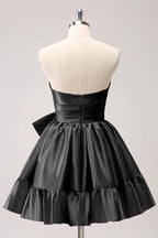 Vestido de fiesta corto fucsia sin tirantes con volantes y lazo PD558
