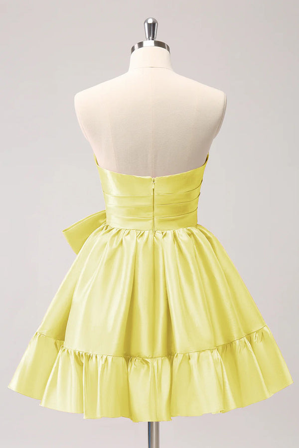 Vestido de fiesta corto fucsia sin tirantes con volantes y lazo PD558