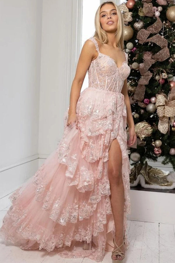 Vestido de noche de fiesta impresionante, de encaje, corte en A, con volantes y abertura.