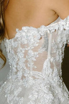 Vestido de novia bohemio con apliques y escote barco en forma de A, modelo WD674