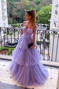 Vestidos largos de fiesta de tul morado con corte en A, vestidos de noche formales con capas