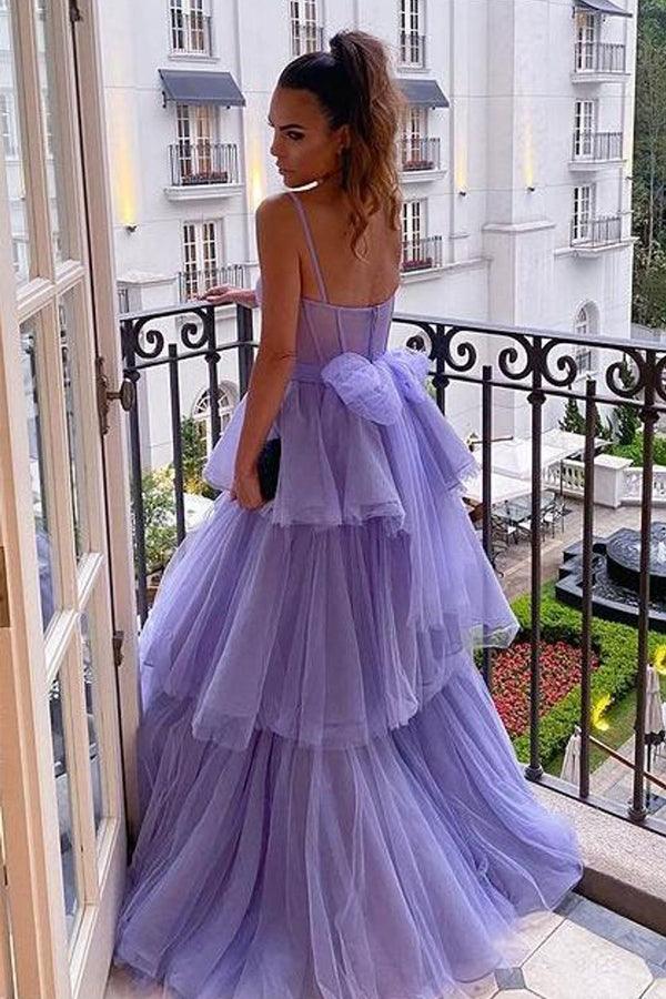 Vestidos largos de fiesta de tul morado con corte en A, vestidos de noche formales con capas