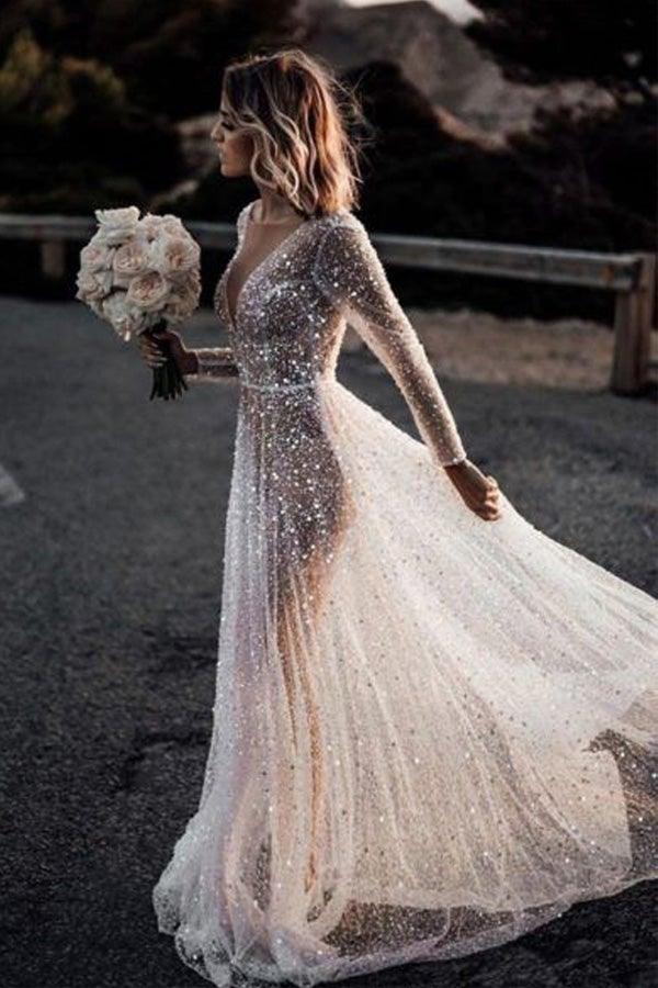 Vestido de novia brillante de corte línea, escote en V profundo y mangas largas con transparencias WD569