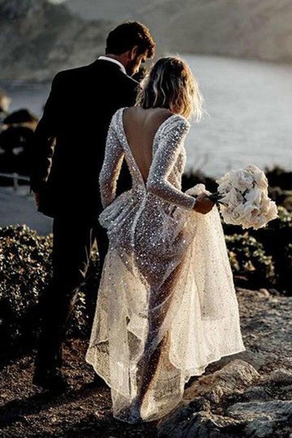 Vestido de novia brillante de corte línea, escote en V profundo y mangas largas con transparencias WD569