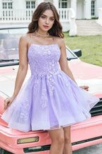 Vestido de fiesta de bienvenida lila con lentejuelas y apliques, corte en A, modelo PD570