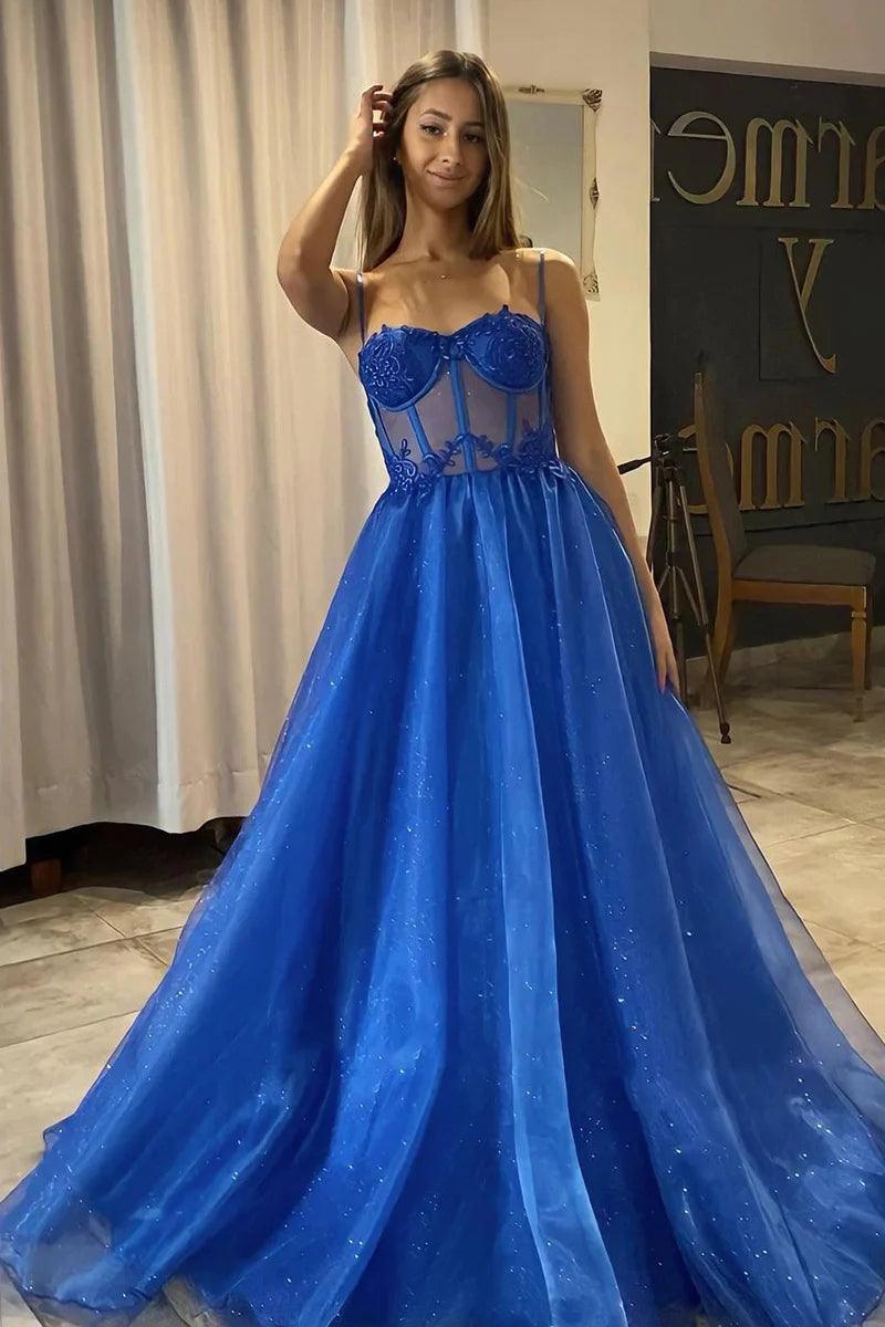 Vestido de fiesta formal de corte A, tul azul real brillante con escote corazón