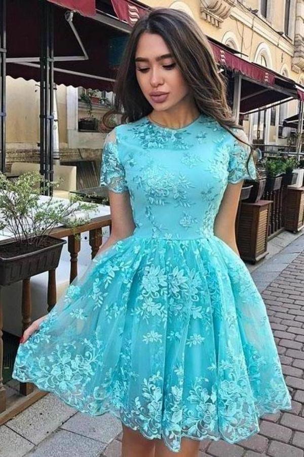 Vestido corto de fiesta de encaje de manga corta estilo línea A, vestido corto para baile de bienvenida PD451