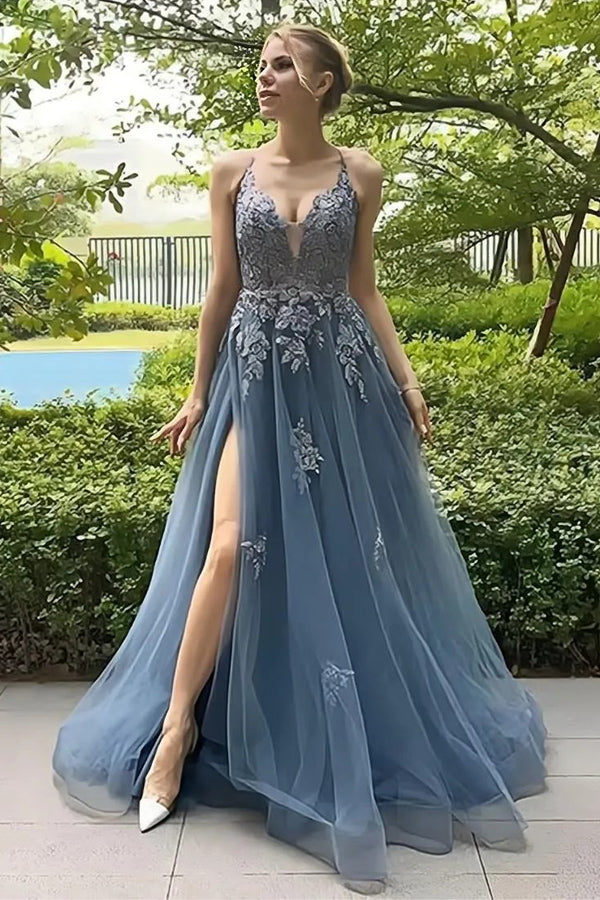 Vestido largo de fiesta de corte A con tirantes finos, corsé y abertura en la espalda