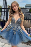 Vestido corto de tul gris azulado con tirantes finos y corte en A para baile de bienvenida PD527