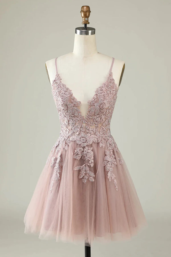 Vestido corto de tul gris azulado con tirantes finos y corte en A para baile de bienvenida PD527