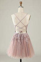 Vestido corto de tul gris azulado con tirantes finos y corte en A para baile de bienvenida PD527